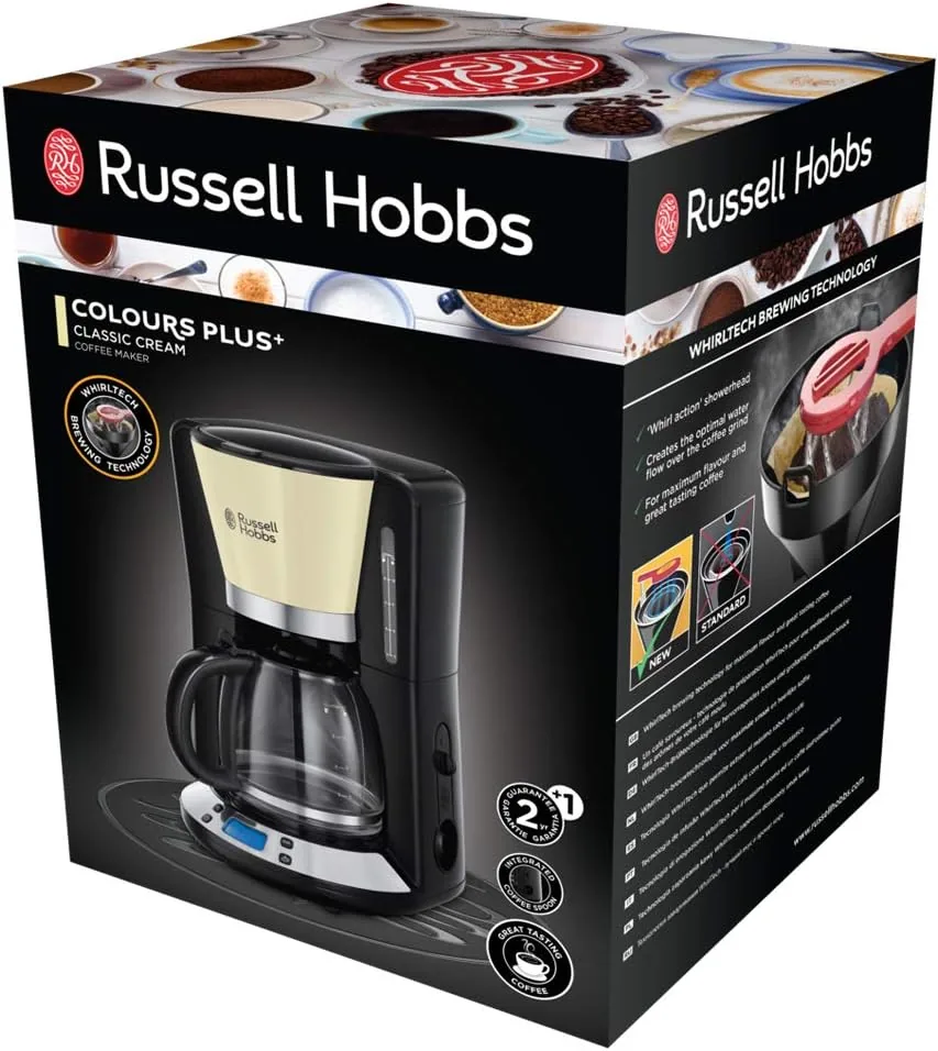 Russell Hobbs Cafetera de Goteo Colours Plus - 15 Tazas, Jarra Cristal 1,5L, Soporte Filtro Extraíble, Tecnología WhirlTech, Cuchara Medidora, Pantalla LCD, Programable, Negro y Crema - 24033-56 foto 2