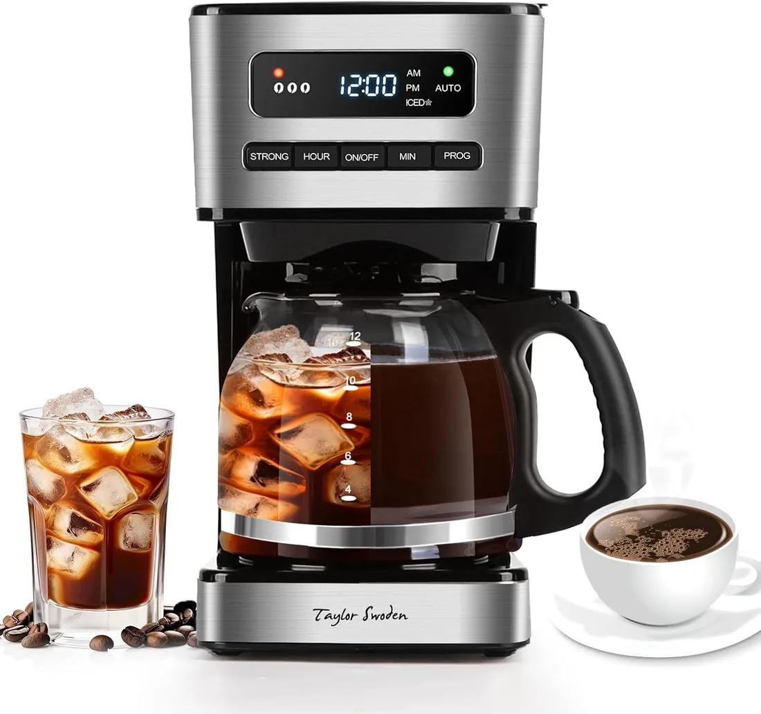 Taylor Swoden Cafetera Goteo 1.8L, Modo Café Helado, Programable, Timer 24H | 900W, 3 niveles de concentración, 12-15tazas Jarra Borosilicato, filtro malla reutilizable, LED, Autolimpieza, Antigoteo-Flex