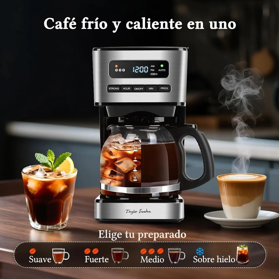 Taylor Swoden Cafetera Goteo 1.8L, Modo Café Helado, Programable, Timer 24H | 900W, 3 niveles de concentración, 12-15tazas Jarra Borosilicato, filtro malla reutilizable, LED, Autolimpieza, Antigoteo-Flex foto 2