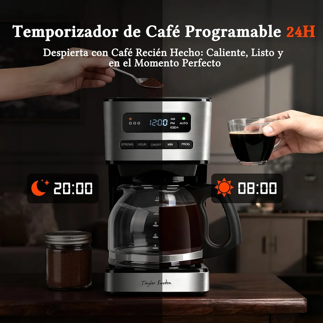 Taylor Swoden Cafetera Goteo 1.8L, Modo Café Helado, Programable, Timer 24H | 900W, 3 niveles de concentración, 12-15tazas Jarra Borosilicato, filtro malla reutilizable, LED, Autolimpieza, Antigoteo-Flex foto 3