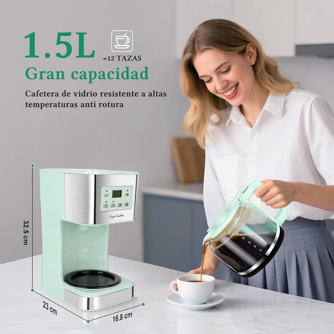 Taylor Swoden Cafetera Goteo 12 Tazas con Filtro Permanente, Programable 24h, Función de Apagado de Pantalla, Función AutoClean, Sistema Antigoteo, Función Mantener Caliente, Sin BPA, 950W, Verde foto 2