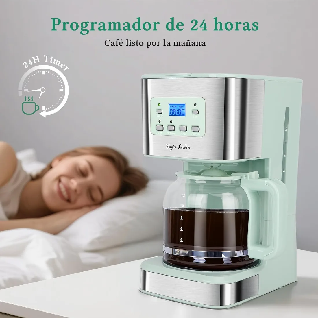 Taylor Swoden Cafetera Goteo 12 Tazas con Filtro Permanente, Programable 24h, Función de Apagado de Pantalla, Función AutoClean, Sistema Antigoteo, Función Mantener Caliente, Sin BPA, 950W, Verde foto 3