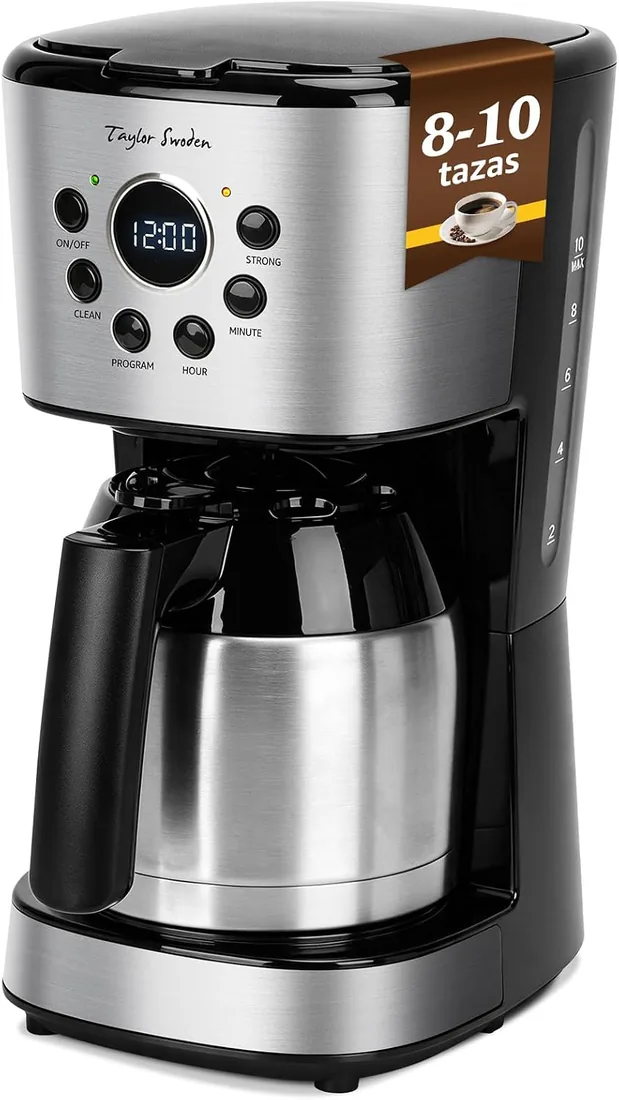 Taylor Swoden Cafetera Goteo con Jarra Térmica Programable 24H, 10 Tazas | Filtro Permanente Reutilizable, Función AutoClean, Intensificador de Aroma, Sistema Antigoteo, Acero Inoxidable, 1,25 L(Brew)