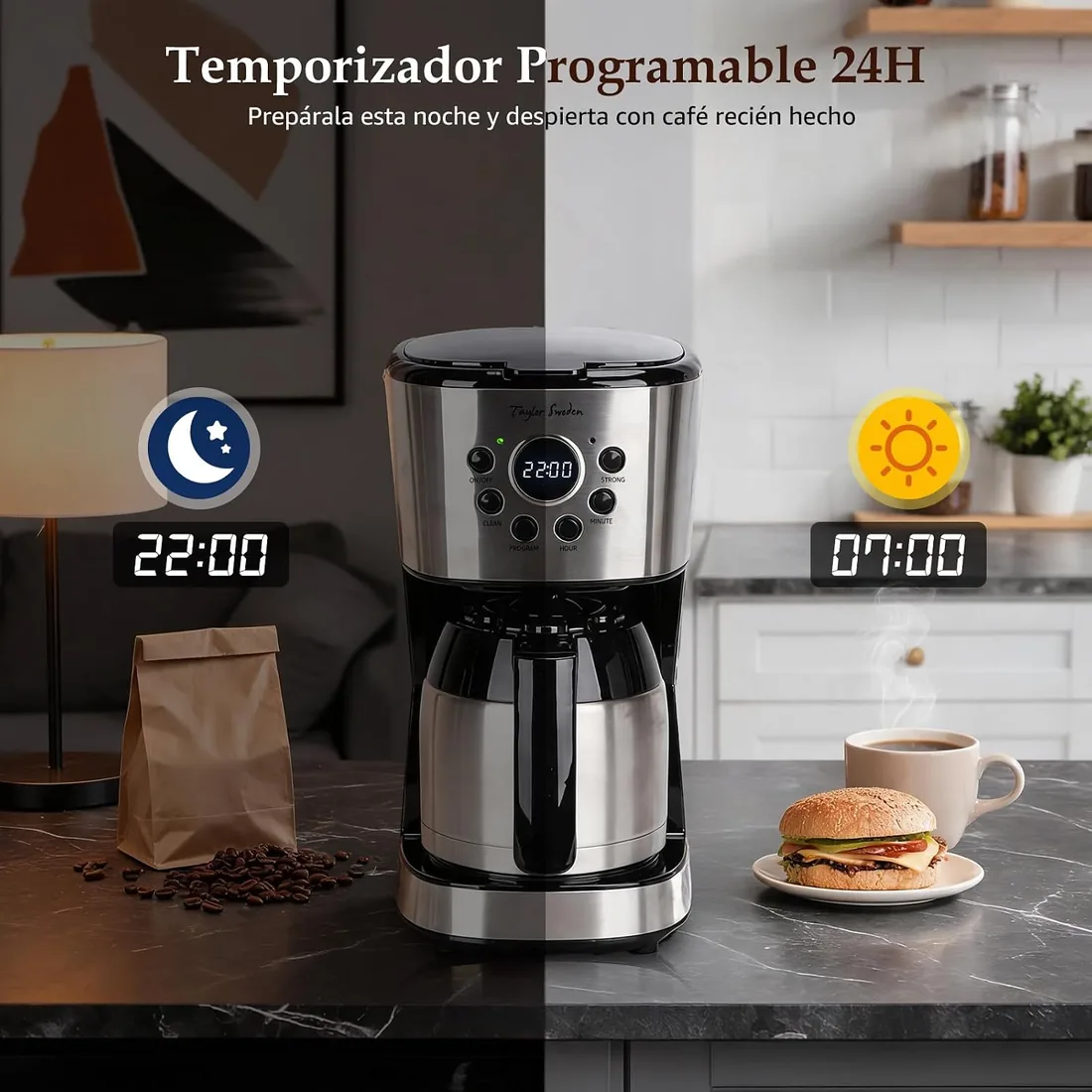 Taylor Swoden Cafetera Goteo con Jarra Térmica Programable 24H, 10 Tazas | Filtro Permanente Reutilizable, Función AutoClean, Intensificador de Aroma, Sistema Antigoteo, Acero Inoxidable, 1,25 L(Brew) foto 2