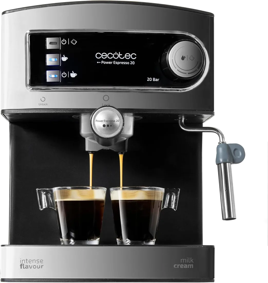 Cecotec Cafetera Express Manual con 20 Bares de Presión Power Espresso 20 | 850W, Depósito de 1,6L, Brazo Doble Salida y 2 PortaFiltros, Vaporizador, Superficie Calientatazas, Acabados Acero Inoxidable
