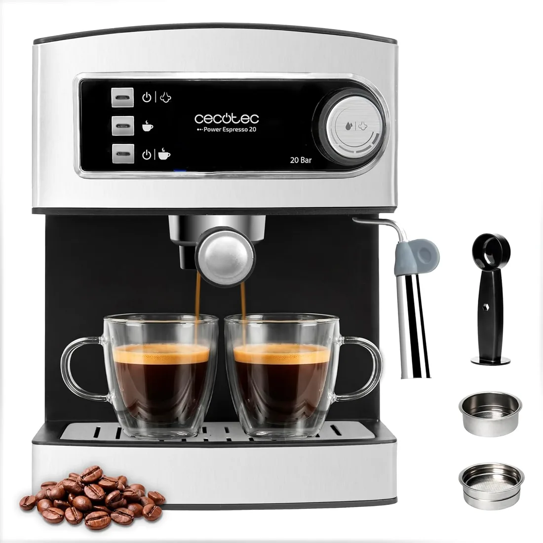 Cecotec Cafetera Express Manual Power Espresso 20 Elite. 850W, Presión 20 Bares, Depósito de 1,5L, Brazo Doble Salida, Vaporizador, Superficie Calientatazas, Acabados en Acero Inoxidable