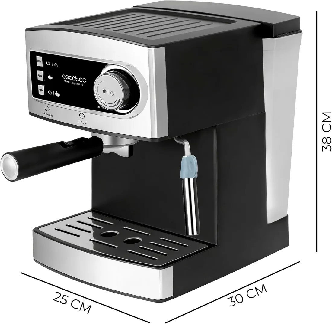 Cecotec Cafetera Express Manual Power Espresso 20 Elite. 850W, Presión 20 Bares, Depósito de 1,5L, Brazo Doble Salida, Vaporizador, Superficie Calientatazas, Acabados en Acero Inoxidable foto 2