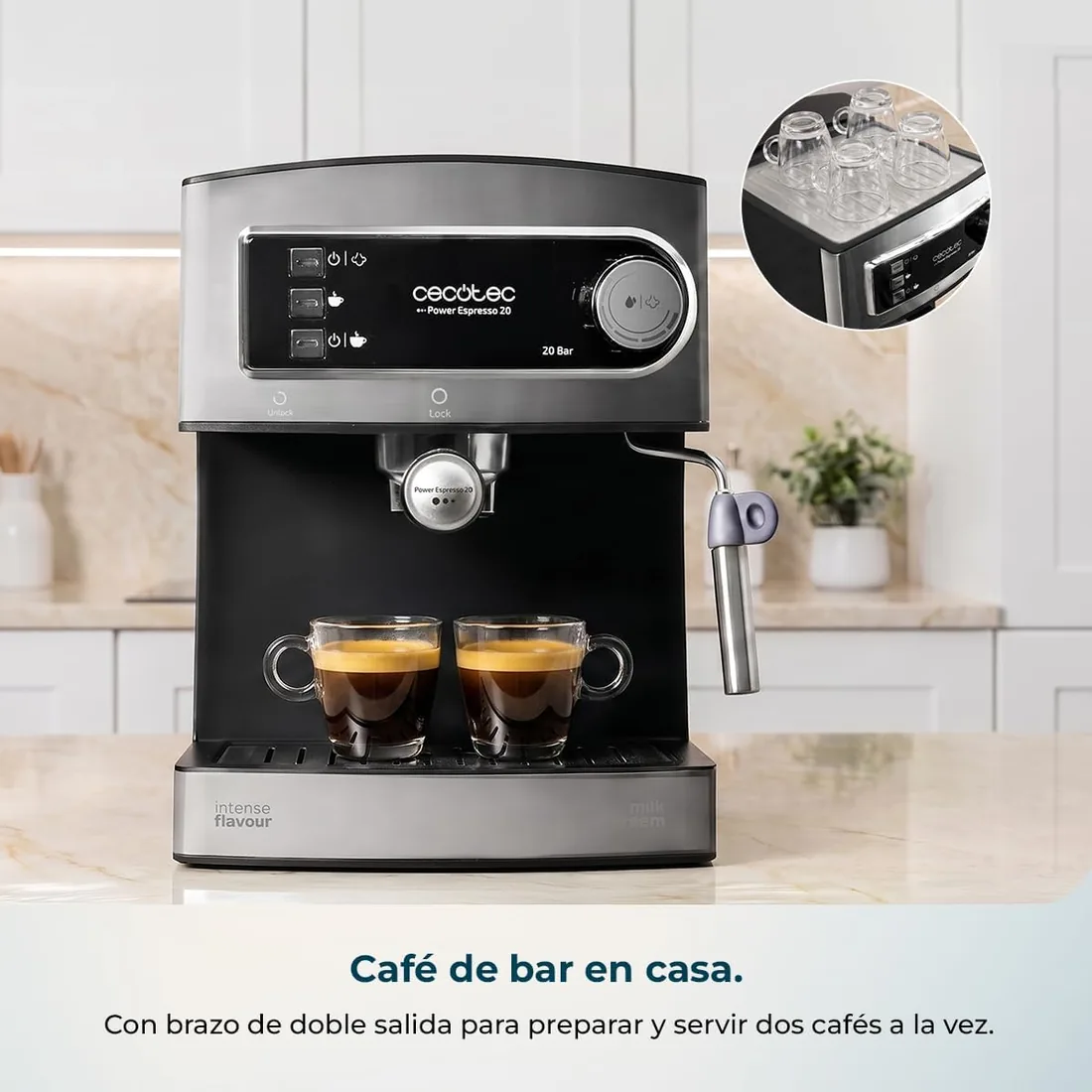 Cecotec Cafetera Express Manual Power Espresso 20 Elite. 850W, Presión 20 Bares, Depósito de 1,5L, Brazo Doble Salida, Vaporizador, Superficie Calientatazas, Acabados en Acero Inoxidable foto 3