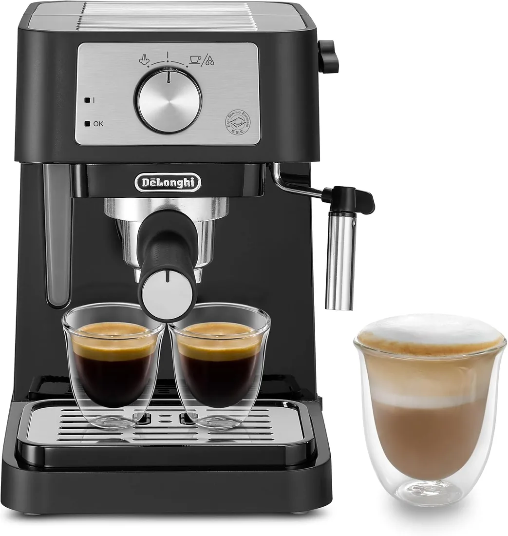 De'Longhi - Cafetera Espresso Manual con Espumador Manual Negro | Cafetera Espresso y Cappuccino, Café Molido o Monodosis ESE, Caldera de Acero Inoxidable, Depósito de Agua 1,1L, EC260.BK