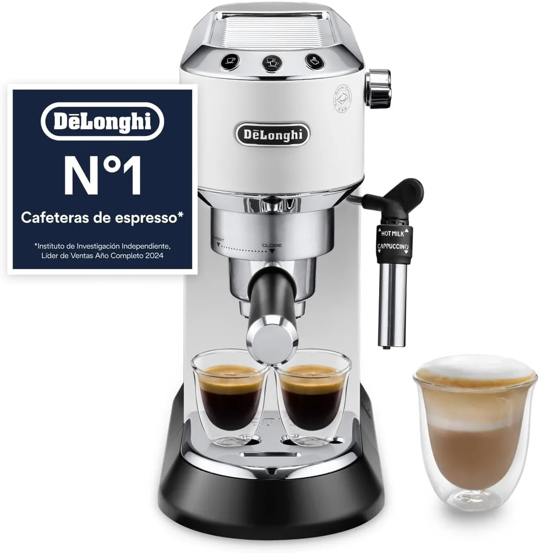 De'Longhi Dedica Style - Cafetera Espresso Manual con Espumador Manual | Cafetera Compacta, Espresso y Cappuccino, Apta para Monodosis ESE, Panel con Botones, Ancho 15cm, Blanco, EC685.W