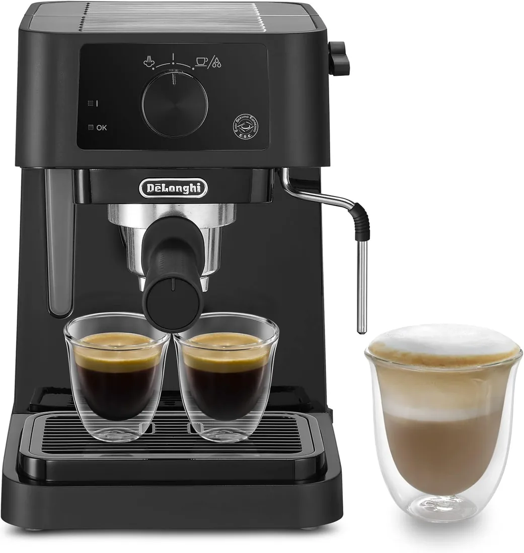 De'Longhi Stilosa - Cafetera Espresso Manual con Espumador Manual Negro | Cafetera Compacta, Espresso y Cappuccino, Café Molido o Monodosis ESE, Depósito de 1L, Caldera de Acero Inoxidable, EC235.BK
