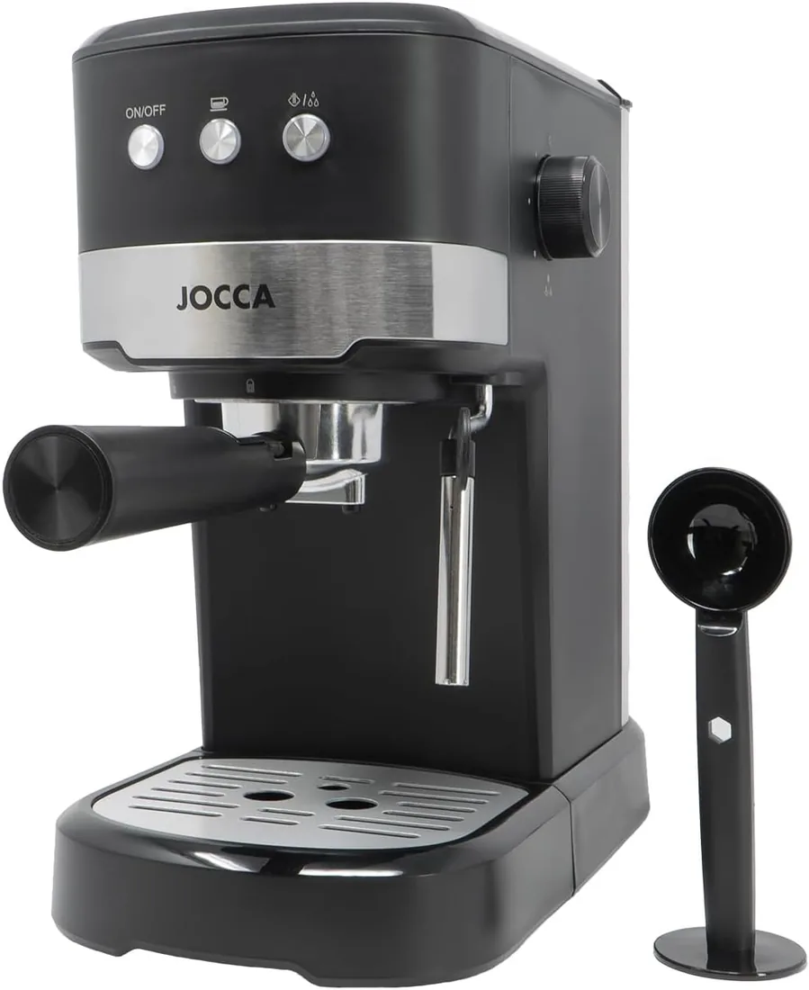 Jocca – Cafetera Espresso 20 Bares con Vaporizador | 1100W | Depósito 1,25L Desmontable | Metal | Color Negro | Preparación de 1 o 2 Tazas