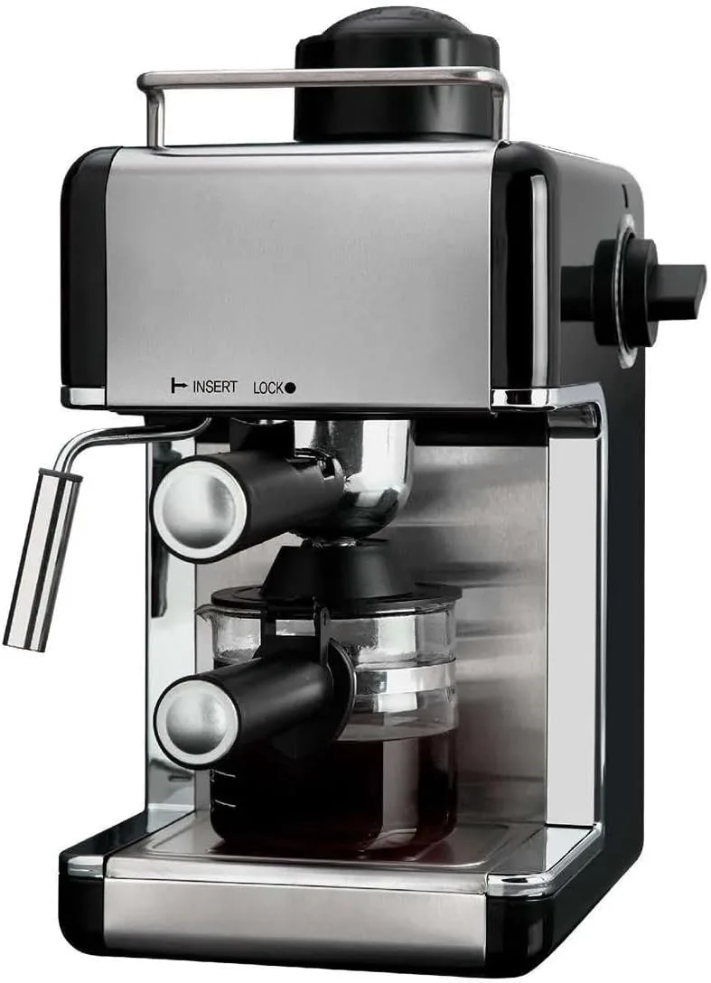 KLACK Cafetera Espresso 3,5 Bares 800 W Acero Inoxidable | Vaporizador de Leche, Capacidad 4 Tazas, Filtro Reutilizable, Jarra Graduada 240 ml, Bandeja Extraíble