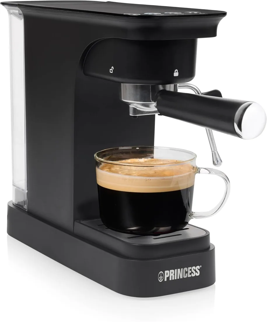 Princess Espresso Machine, Bomba de 20 Bar, Depósito de Agua de 0,8 l, Para Café Molido y Cápsulas ESE, Diseño Compacto, Negro, 01.249421.01.001 foto 3