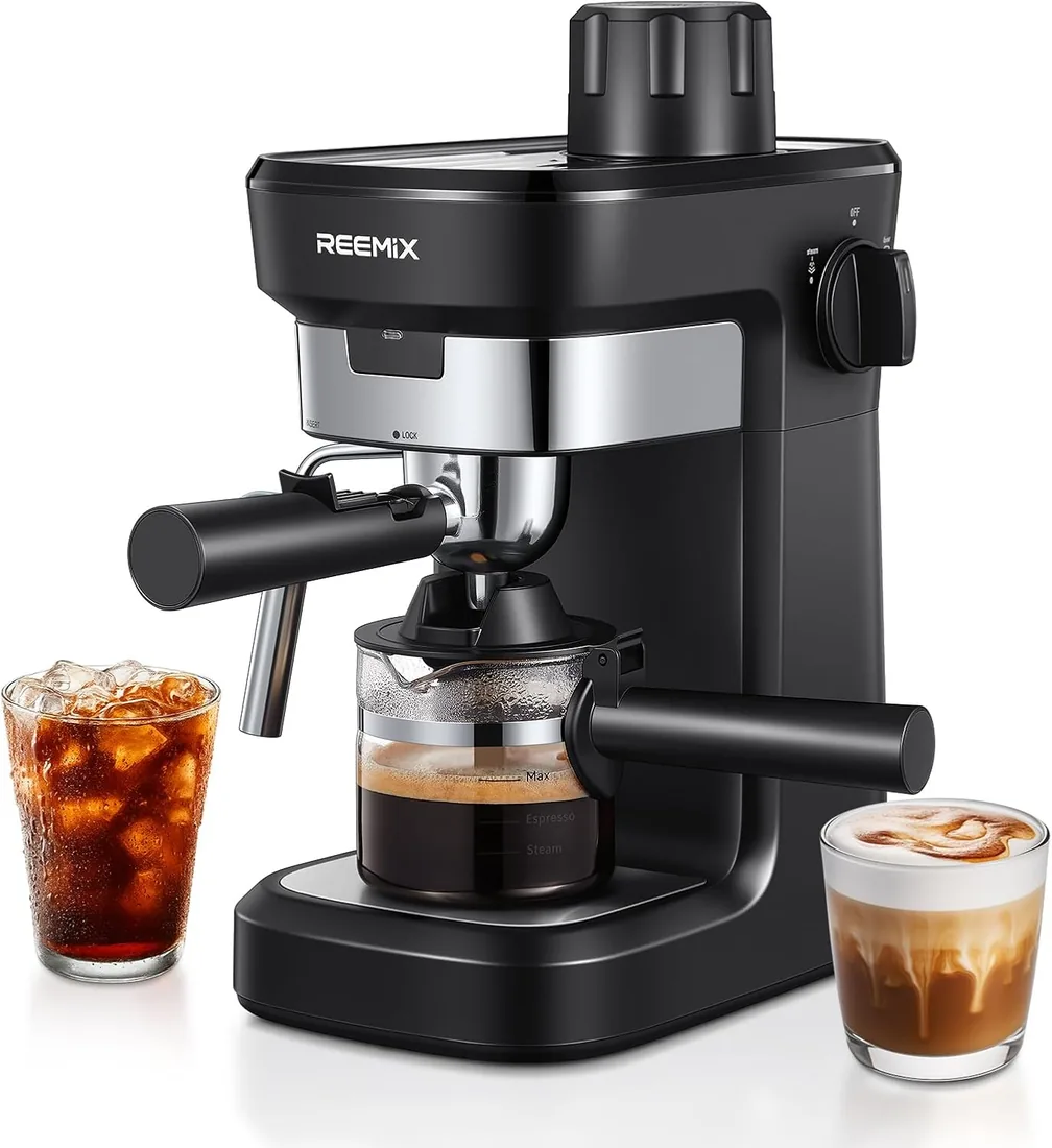 Reemix Máquina de Café Espresso Manual 6 Bar para Café Molido, Cafetera Compacta con Función Vapor y Espumador de Leche, Cappuccino Cremoso, Calientatazas, Jarra de Cristal, Negra