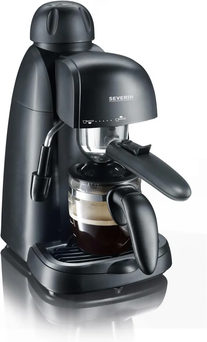 Severin Cafetera express, cafetera pequeña para 2 tazas de expreso | Con espumador de leche para cafés especiales, ideal para solteros, negro, también es adecuado para café de filtro, 5978
