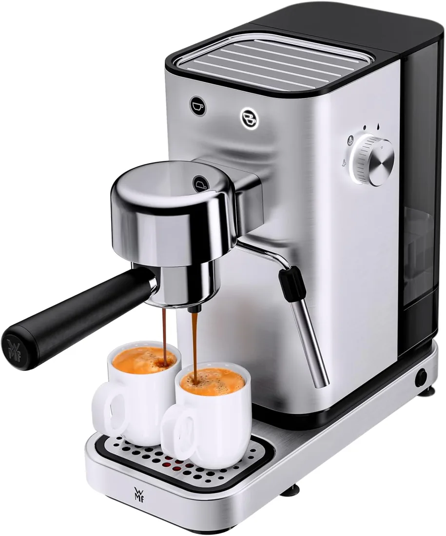 WMF Lumero - Cafetera expreso con 3 portafiltro, 1400 vatios, para 1-2 tazas de expreso, 15 bares, reposavasos, espumador de leche, prensador de café, luz led, acero inoxidable mate