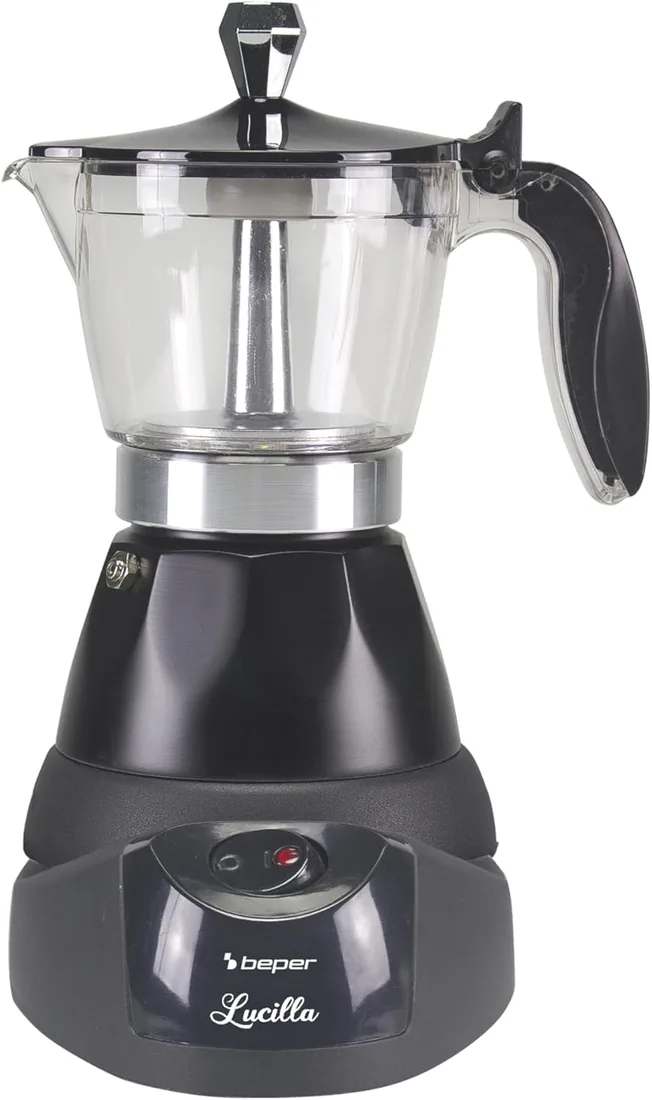 BEPER BC.040N Cafetera Eléctrica - Moka Pot Eléctrica, 3 tazas de capacidad, reductor de 1 taza, Auto-Off, mantiene la temperatura durante 30' min, Negra