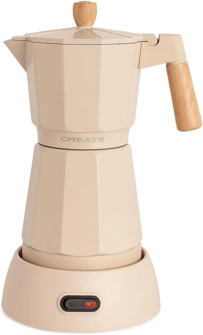 CREATE / THERA MOKA ELECTRIC/Cafetera italiana eléctrica arena/Función de mantener caliente, 300 ml, capacidad de 6 tazas, retiene el calor, base 360º, fácil de limpiar y libre de BPA, 480W