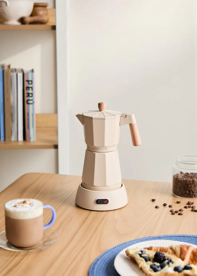CREATE / THERA MOKA ELECTRIC/Cafetera italiana eléctrica arena/Función de mantener caliente, 300 ml, capacidad de 6 tazas, retiene el calor, base 360º, fácil de limpiar y libre de BPA, 480W foto 2