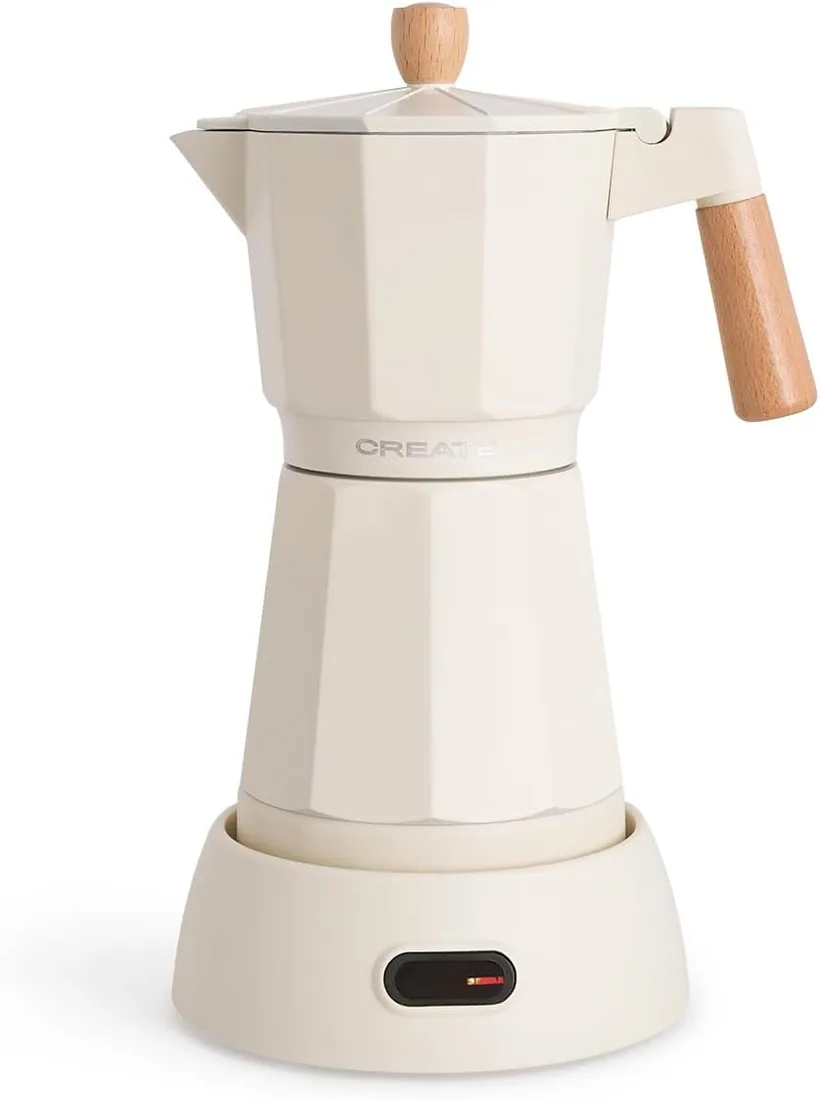 CREATE / THERA MOKA ELECTRIC/Cafetera italiana eléctrica blanco roto/Función de mantener caliente, 300 ml, capacidad de 6 tazas, retiene el calor, base 360º, fácil de limpiar y libre de BPA, 480W