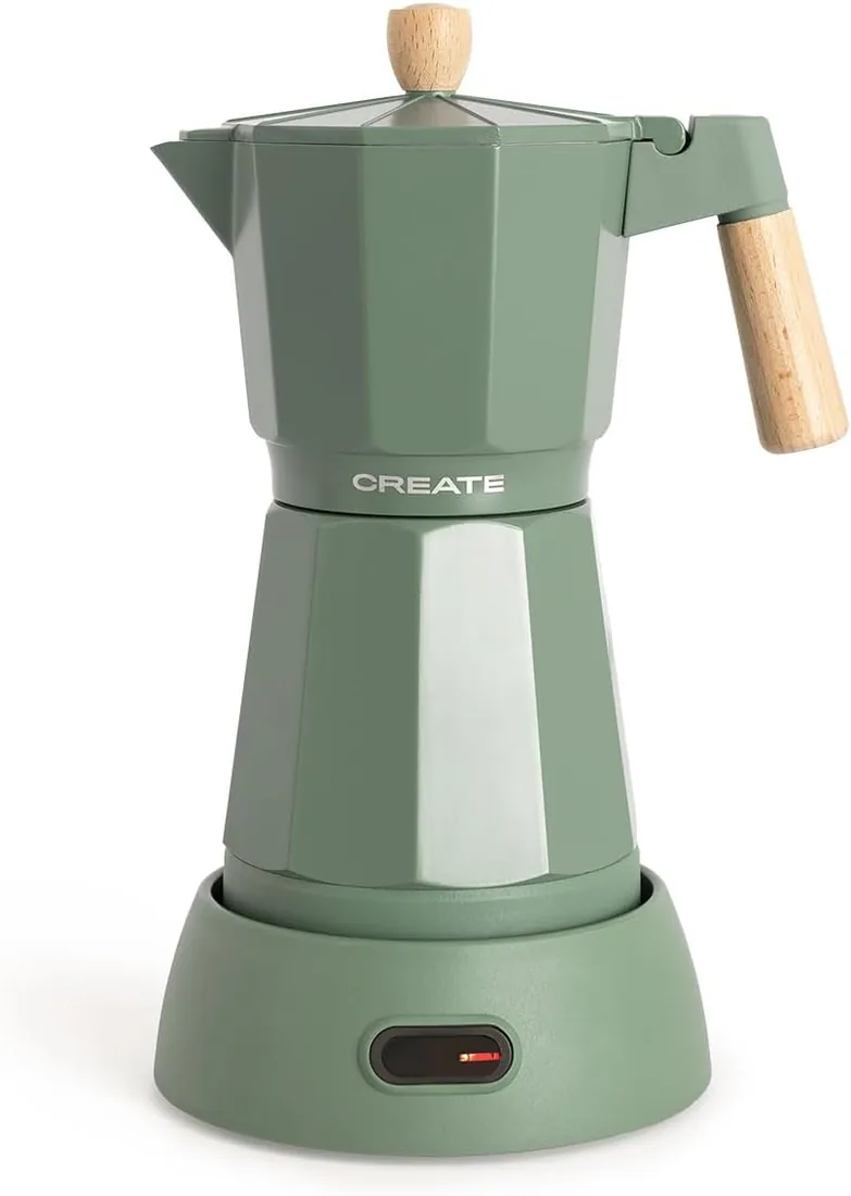 CREATE / THERA MOKA ELECTRIC/Cafetera italiana eléctrica verde sage/Función de mantener caliente, 300 ml, capacidad de 6 tazas, retiene el calor, base 360º, fácil de limpiar y libre de BPA, 480W