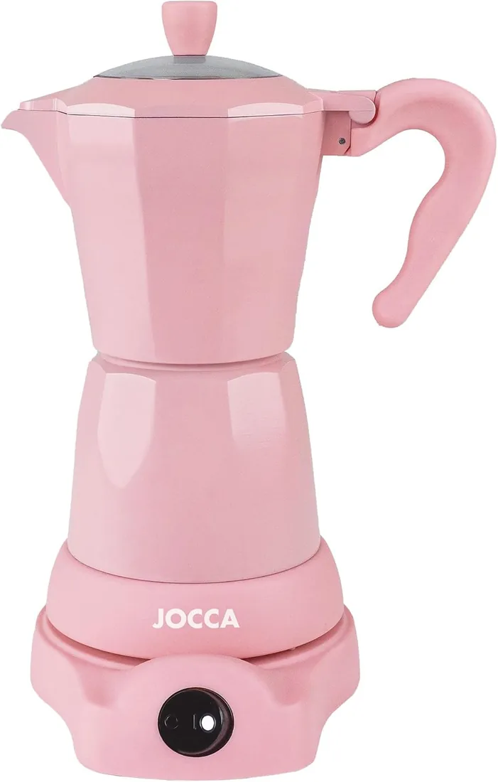 Jocca - Cafetera italiana eléctrica rosa | 6 tazas | Base giratoria 360º | Sistema mantiene caliente | Asa toque frío | 480W sin cables