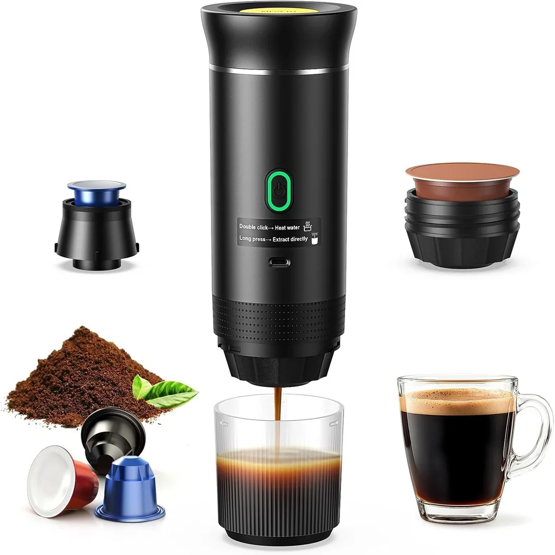 Cafetera Espresso Eléctrica Portátil 3 en 1, Cafetera de Viaje para Camping, Cafetera de Coche Autocalentable con USB-C, 20BAR Presión, para Cápsulas Pequeñas o Grandes y Café Molido