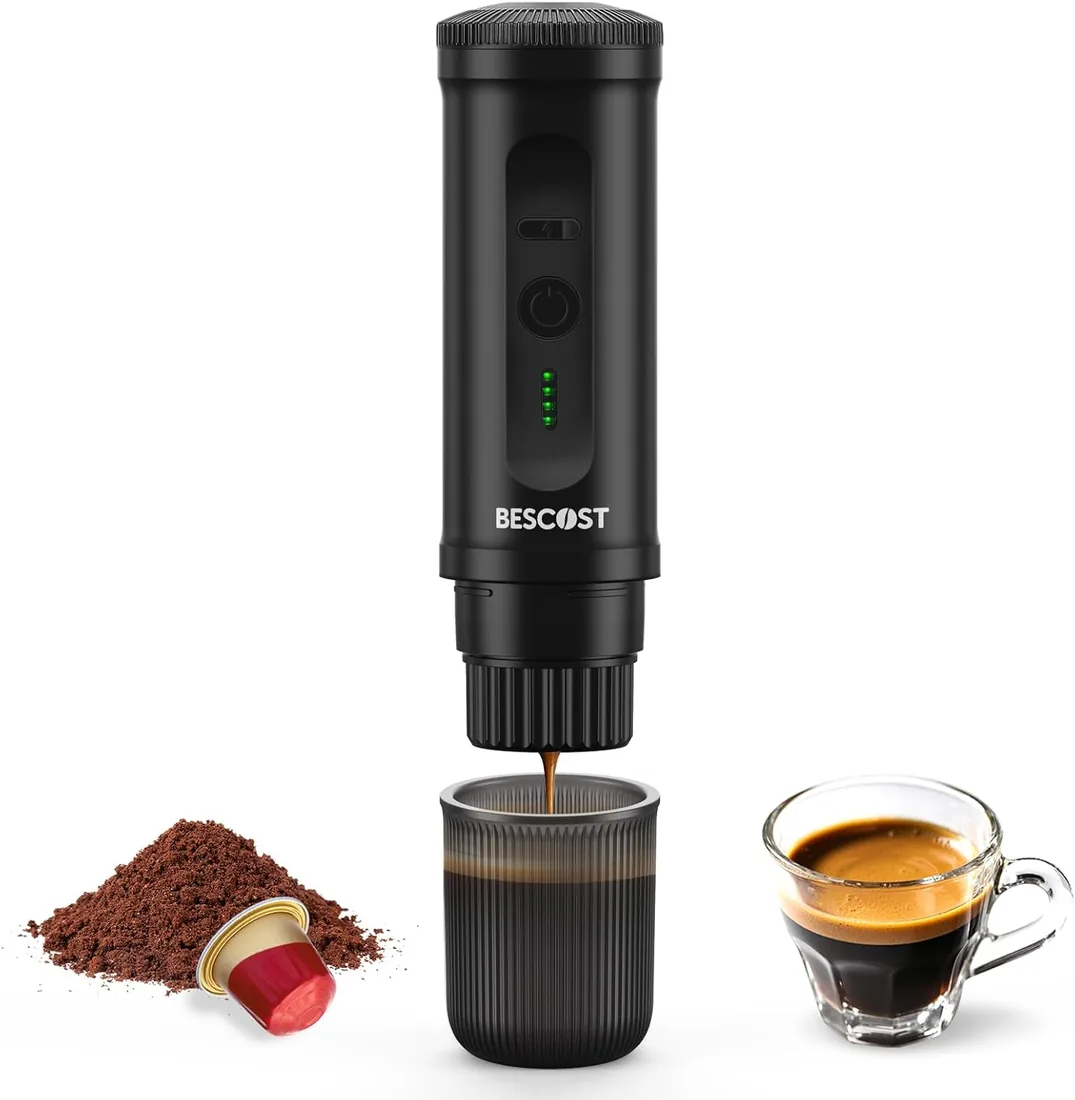 Cafetera Portátil, Cafetera Portatil Capsulas 20BAR, 9600mAh, USB-C | Compatible con Cápsula NESP y Café Molido. Calefacción en 3'. Cafetera Camping ideal para Viaje, Senderismo, Oficina y Hogar