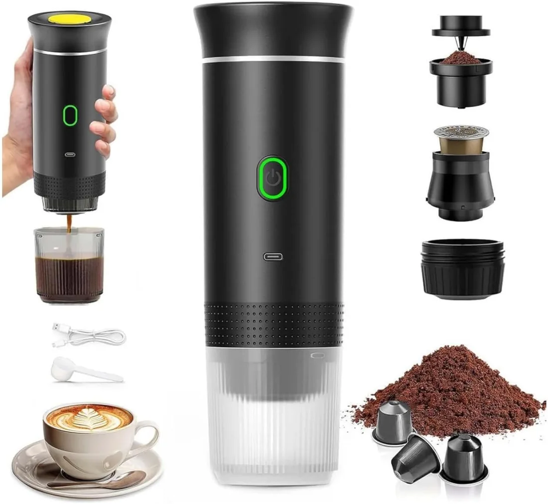 Mini Cafetera Portatil, Cafetera Portátil Cápsula de Espresso 3 en 1, Autocalentamiento de 2a6 Minutos, Para Cápsulas Pequeñas o Grandes y Café Molido,Cafetera Portátil para Oficina y Hogar (negro)