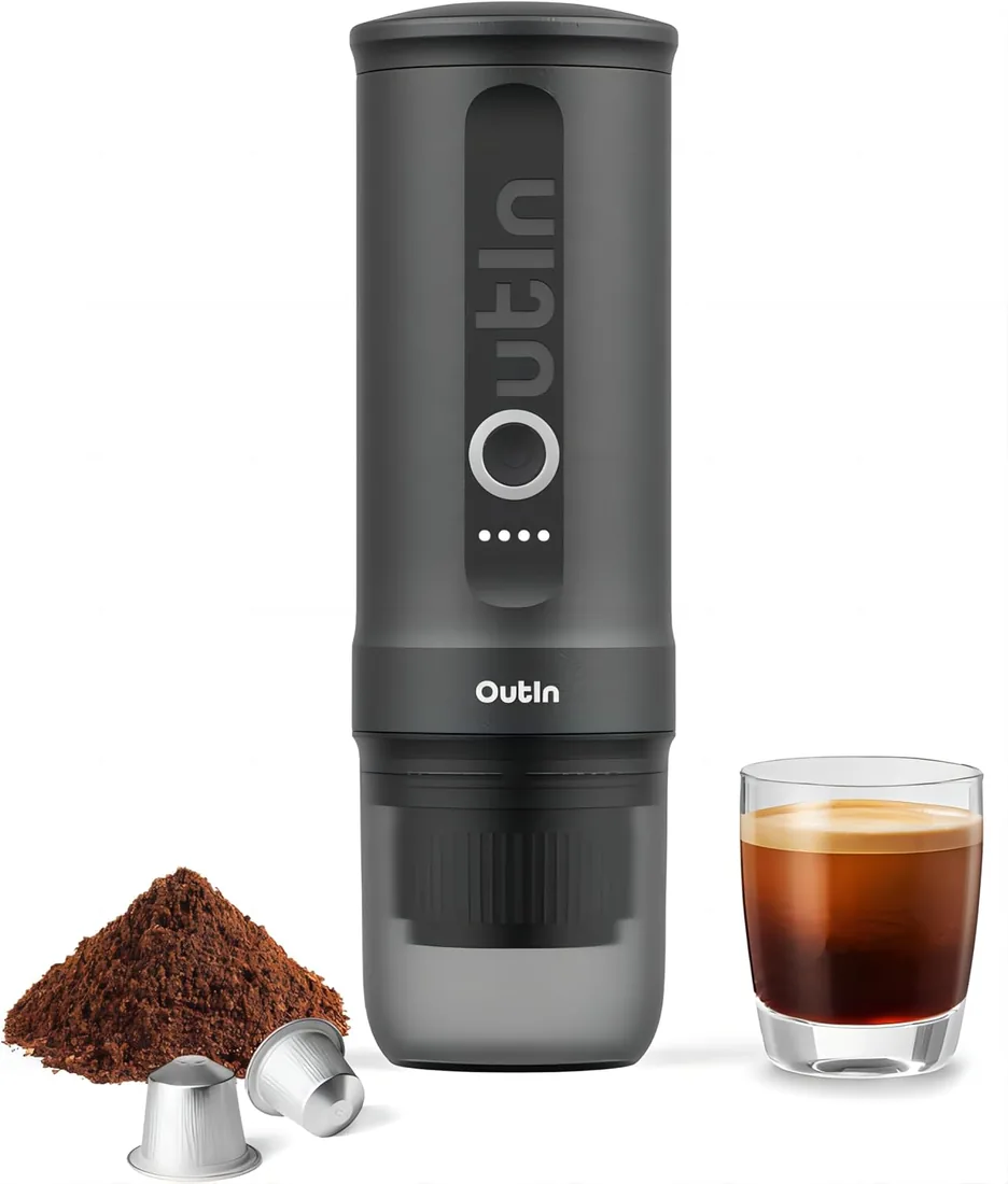 OutIn Nano Máquina de café espresso eléctrica portátil, Space Gray | Cafetera de viaje para camping, cafetera de coche con autocalentamiento USB-C, con café molido y cápsula NS foto 3