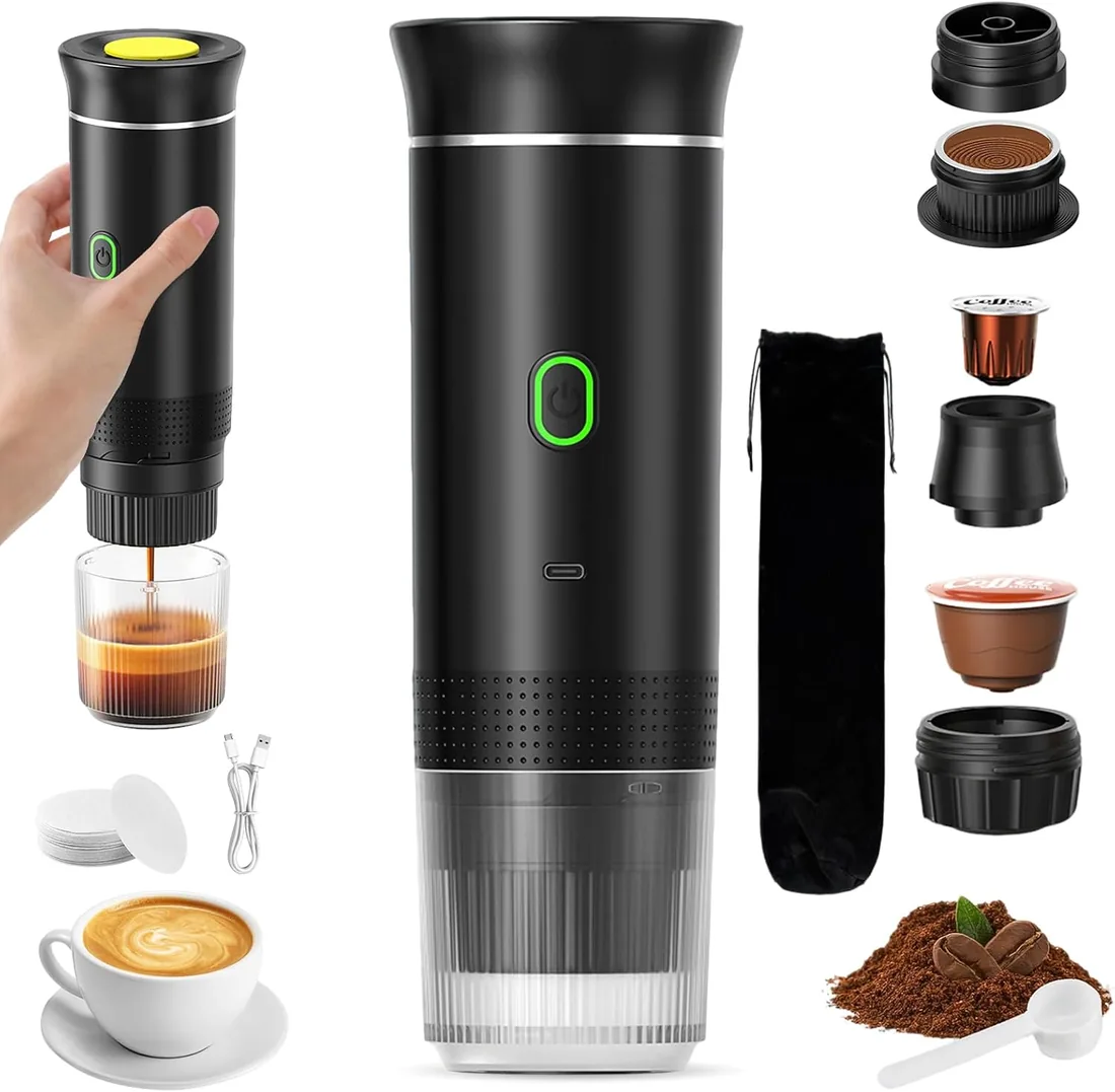 VHV Cafetera Portatil, Cafetera Portátil Cápsula de Espresso 3 en 1, Autocalentamiento de 2a6 Minutos, Para Cápsulas Pequeñas o Grandes y Café Molido,Cafetera Portátil para Oficina y Hogar (Negro) foto 2