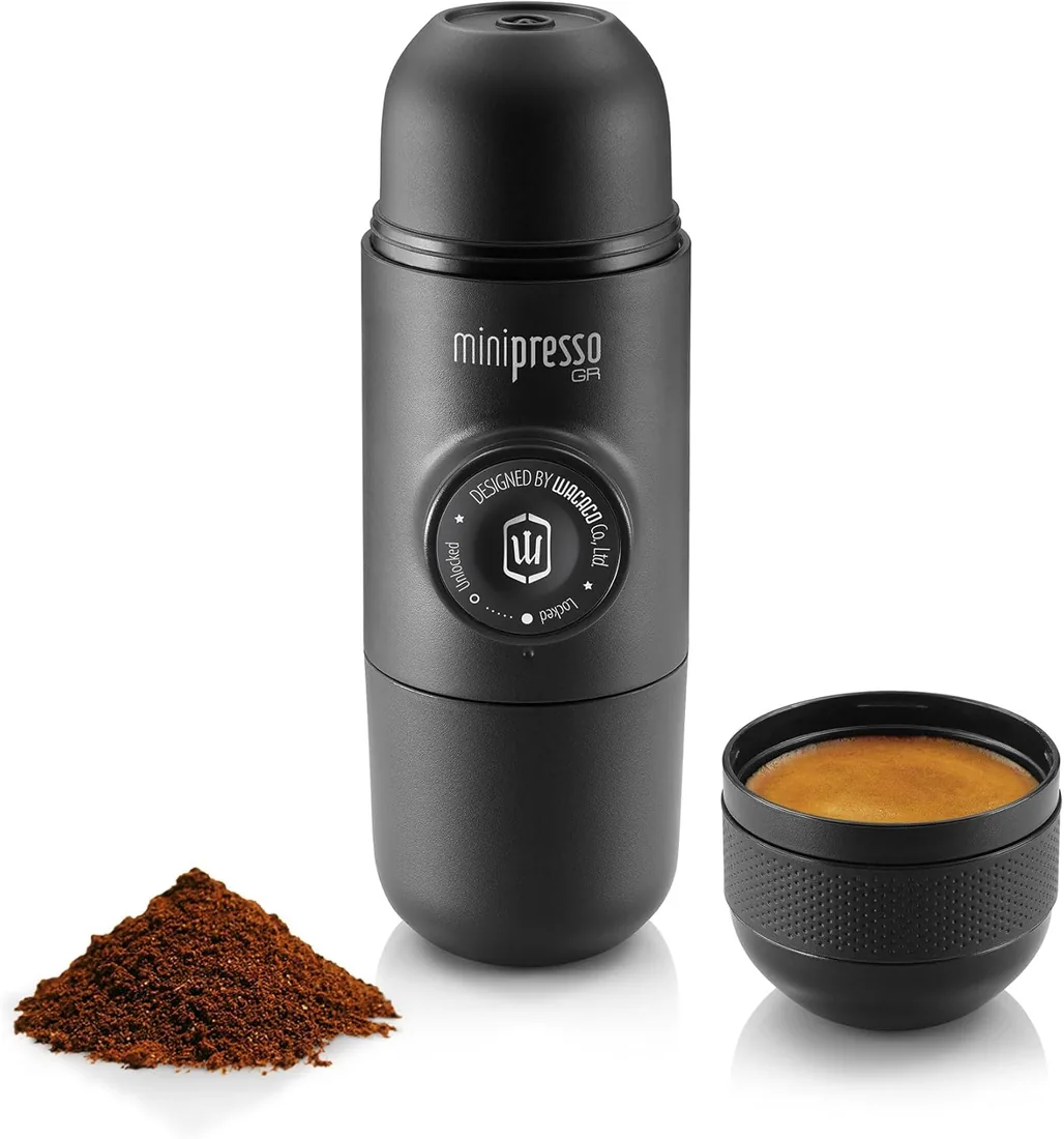 WACACO Minipresso GR, Cafetera Espresso Portatil Compatible con Café Molido, Mini Cafetera de Viaje, Cafetera Manual para Camping, Máquina de Café Portátil