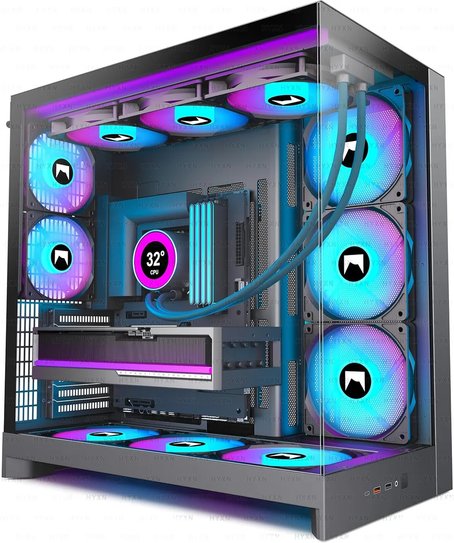 H2(2026) Caja PC ATX – 8 Ventiladores PWM ARGB preinstalados (6 x 140 mm y 2 x 120 mm), Doble cámara ATX Mid-Tower Airflow Caja PC Gaming, Soporte de radiador de 420 mm, con Type C 3.2 (Negro)