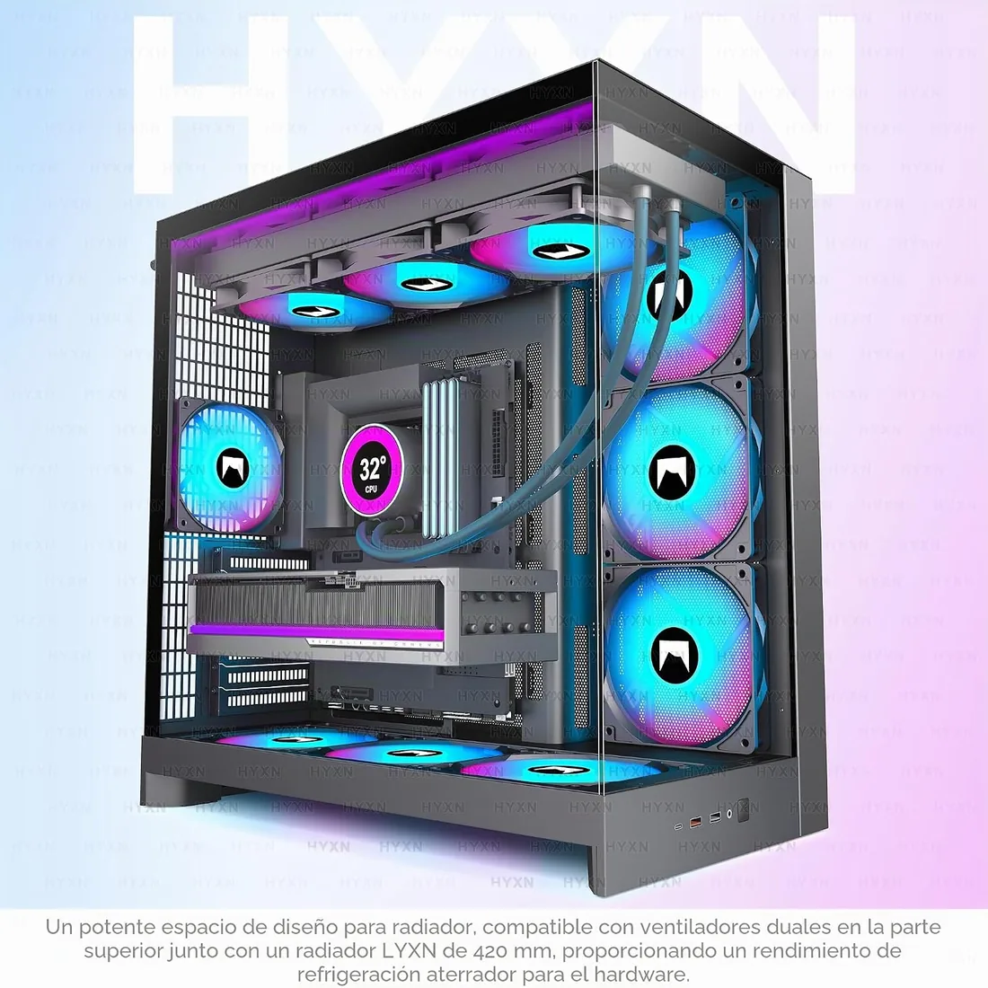 H2(2026) Caja PC ATX – 8 Ventiladores PWM ARGB preinstalados (6 x 140 mm y 2 x 120 mm), Doble cámara ATX Mid-Tower Airflow Caja PC Gaming, Soporte de radiador de 420 mm, con Type C 3.2 (Negro) foto 2