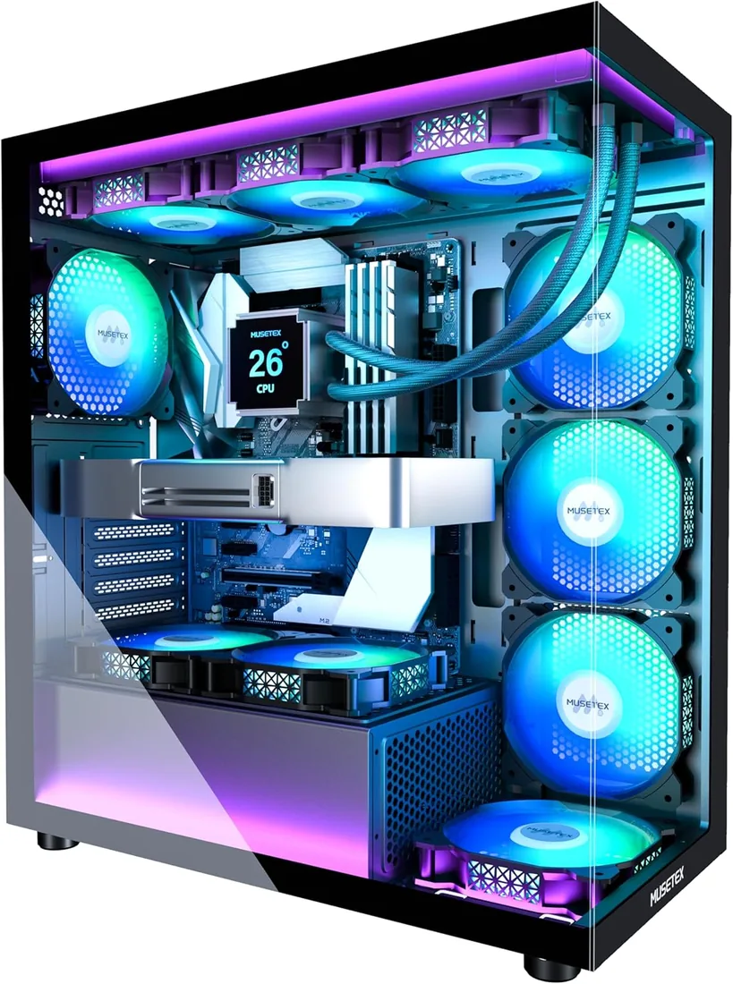 MUSETEX Caja PC ATX 7 Ventiladores PWM ARGB Pre-Instalados, Type-C Mid Tower Caja de Ordenador con Doble Cristal Templado Full View, Caja PC Gaming,Negro(K2)