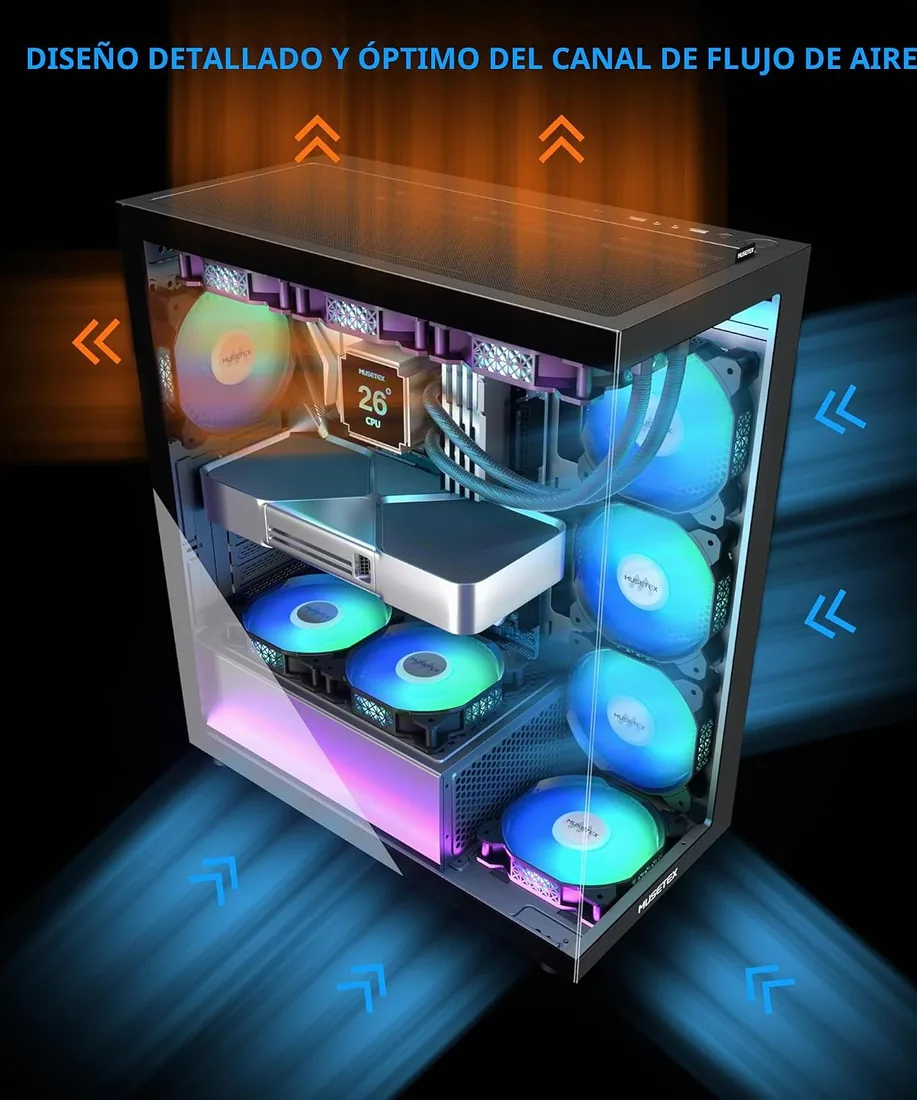 MUSETEX Caja PC ATX 7 Ventiladores PWM ARGB Pre-Instalados, Type-C Mid Tower Caja de Ordenador con Doble Cristal Templado Full View, Caja PC Gaming,Negro(K2) foto 3