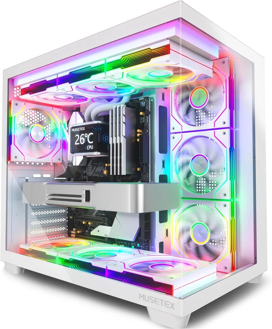MUSETEX Y6 Caja PC, con 7 Ventiladores PWM ARGB de Espejo Infinito Preinstalados, Caja de Computadora ATX de Torre Mediana, Caja PC Gaming con Tipo-C, Cristal Templado de Vista Completa de 270°,Blanco