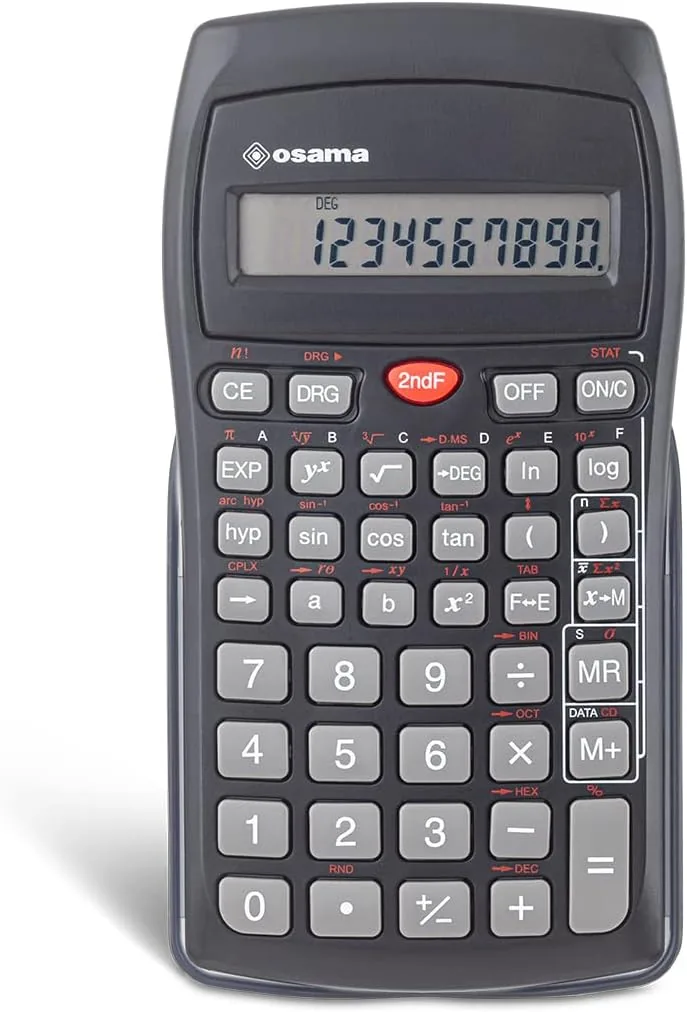 Osama - Calculadora Científica con 56 Funciones y Batería Incluida (L1130) | Escuela y Oficina, 10 Cifras Mantissa y 2 Exponente, Material Escolar y Papelería con Funda Rígida Corredera, Negro