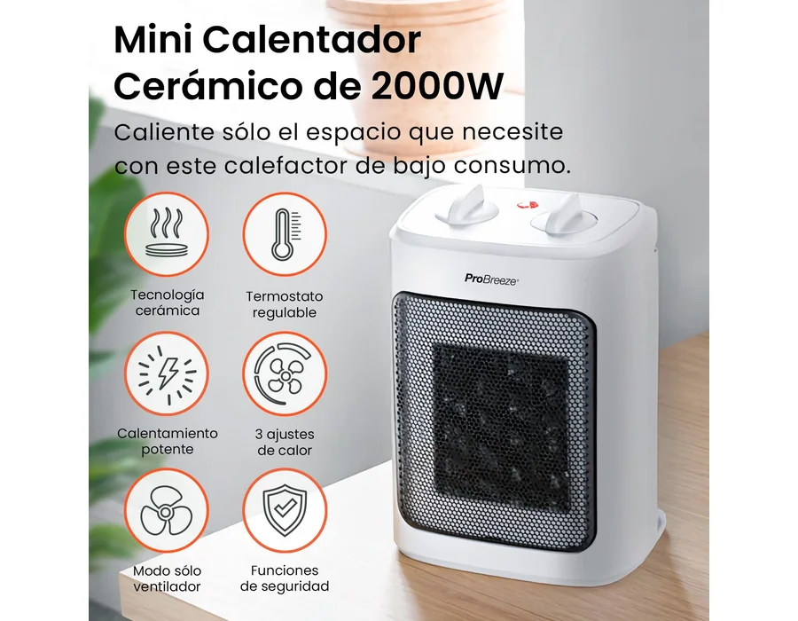 Pro Breeze Mini Calefactor Cerámico de 2000 W, 3 Niveles de Potencia y Modo Solo Ventilador. Pequeño Calentador Para Casa, Oficina, Escritorio, Dormitorio o Terraza – Blanco foto 2