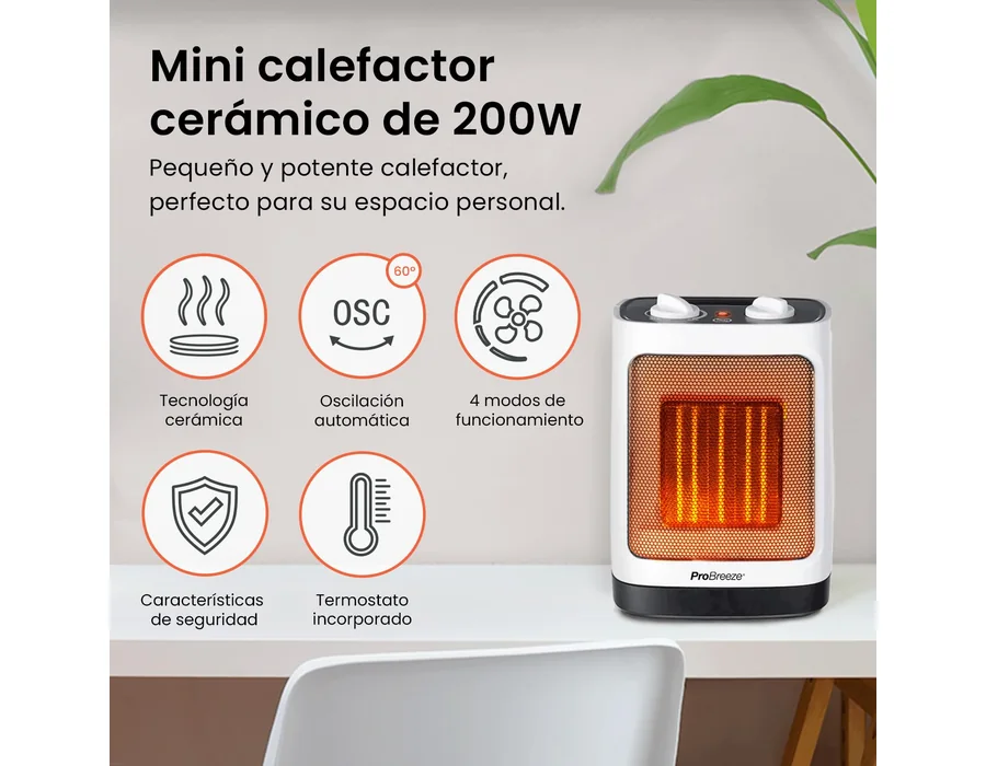 Pro Breeze Calefactor electrico bajo consumo 2000W, Oscilación Automática, termostato y 2 Niveles de Potencia. Sistema antivuelco – Calefactor baño, habitaciones y oficinas – Blanc foto 2