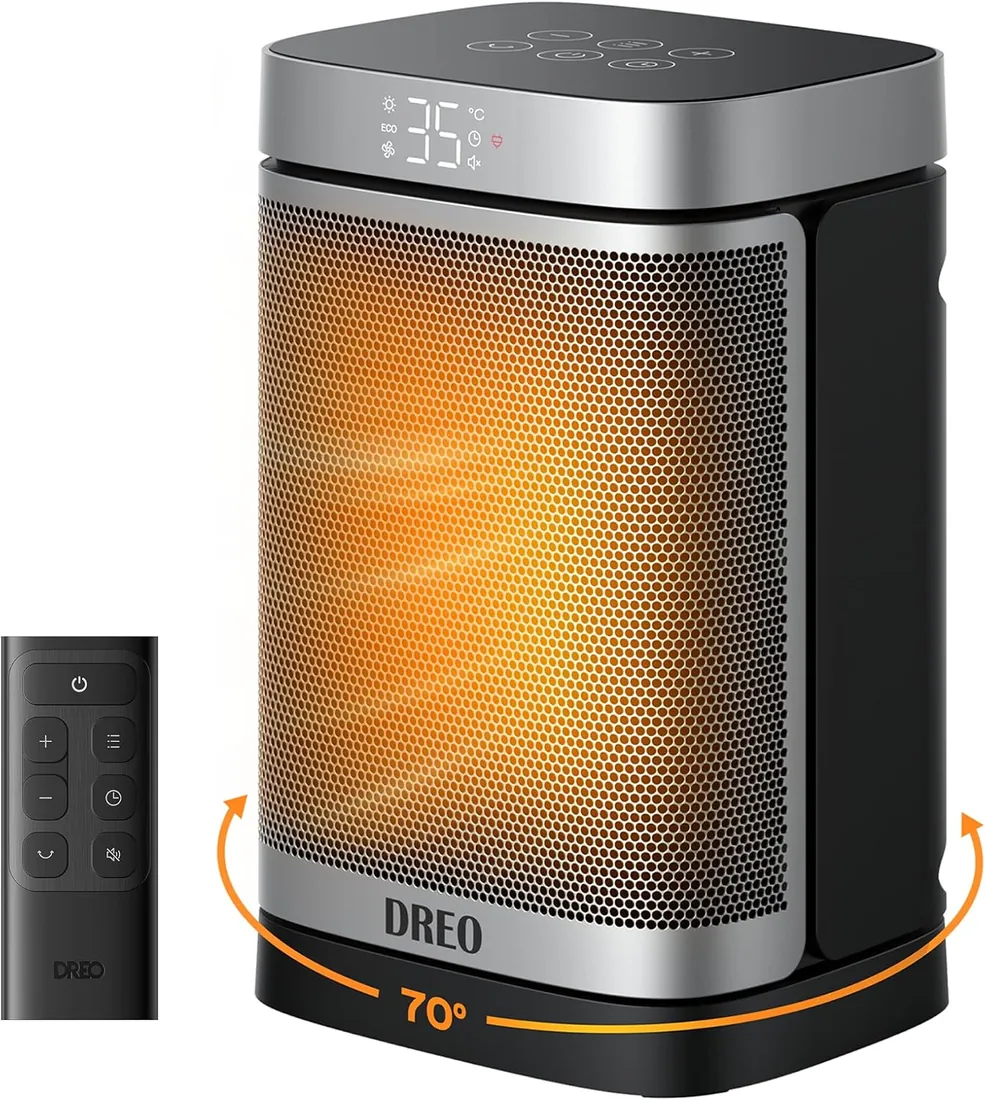 Dreo Calefactor Atom One, 3-Modos 3-Velocidades, 70°Oscilación, Calefactor cerámico de PTC con termostato, con termostato, temporizador 1-12H, Mando a distancia, Modo ECO-Ahorro de energía