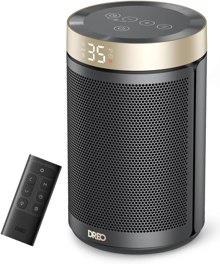 DREO Calefactor Cerámico de Bajo Consumo, Portátil con Termostato, Temporizador 12H, Modo Eco y Ventilador Silencioso, Calentador Eléctrico 1500W PTC Rápido y Seguro para Oficina, Dormitorio y Hogar