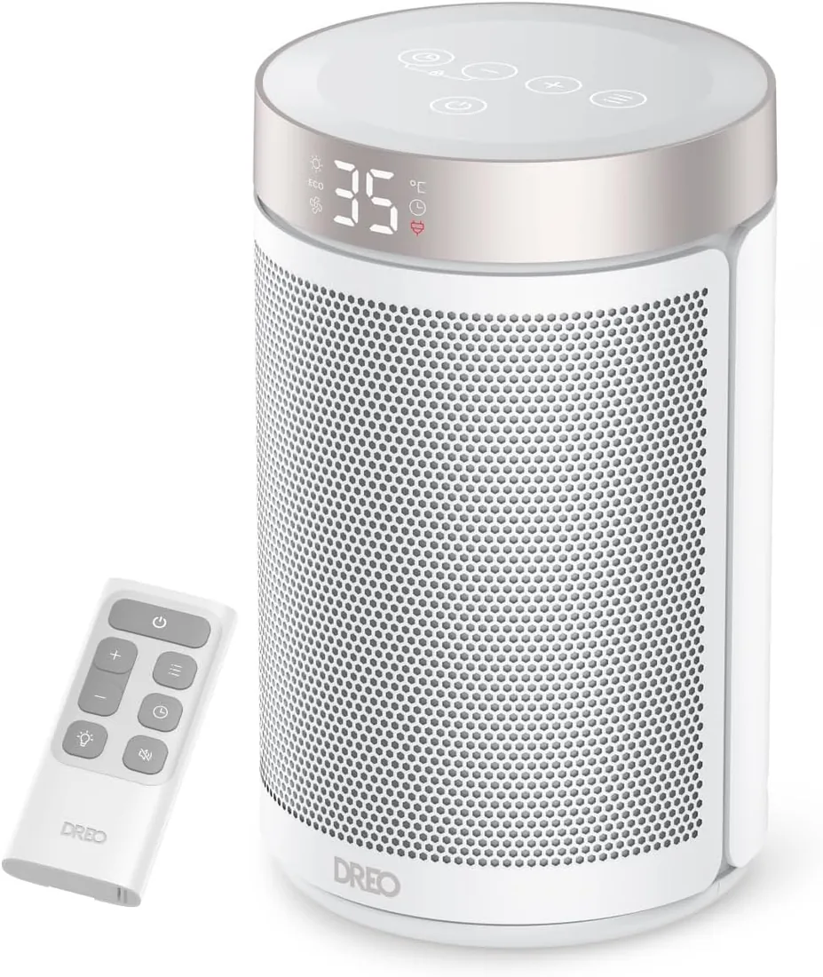 Dreo Calefactor Eléctrico 1500W Silencioso y de Bajo Consumo, Estufa Cerámica Portátil con Termostato, 3 Modos, Temporizador 12H, Protección Contra Sobrecalentamiento y Vuelco, Blanco