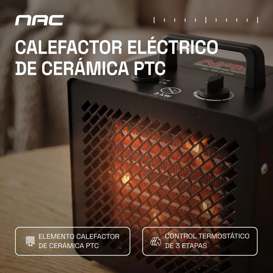 NAC Calefactor Ceramico Electrico 3000W - Calentador Electrico con 3 Niveles de Calefacción - Calefactor Portatil Industrial con Termostato, Cañon de Calor - Heater Electric para Garaje Taller Obra foto 3