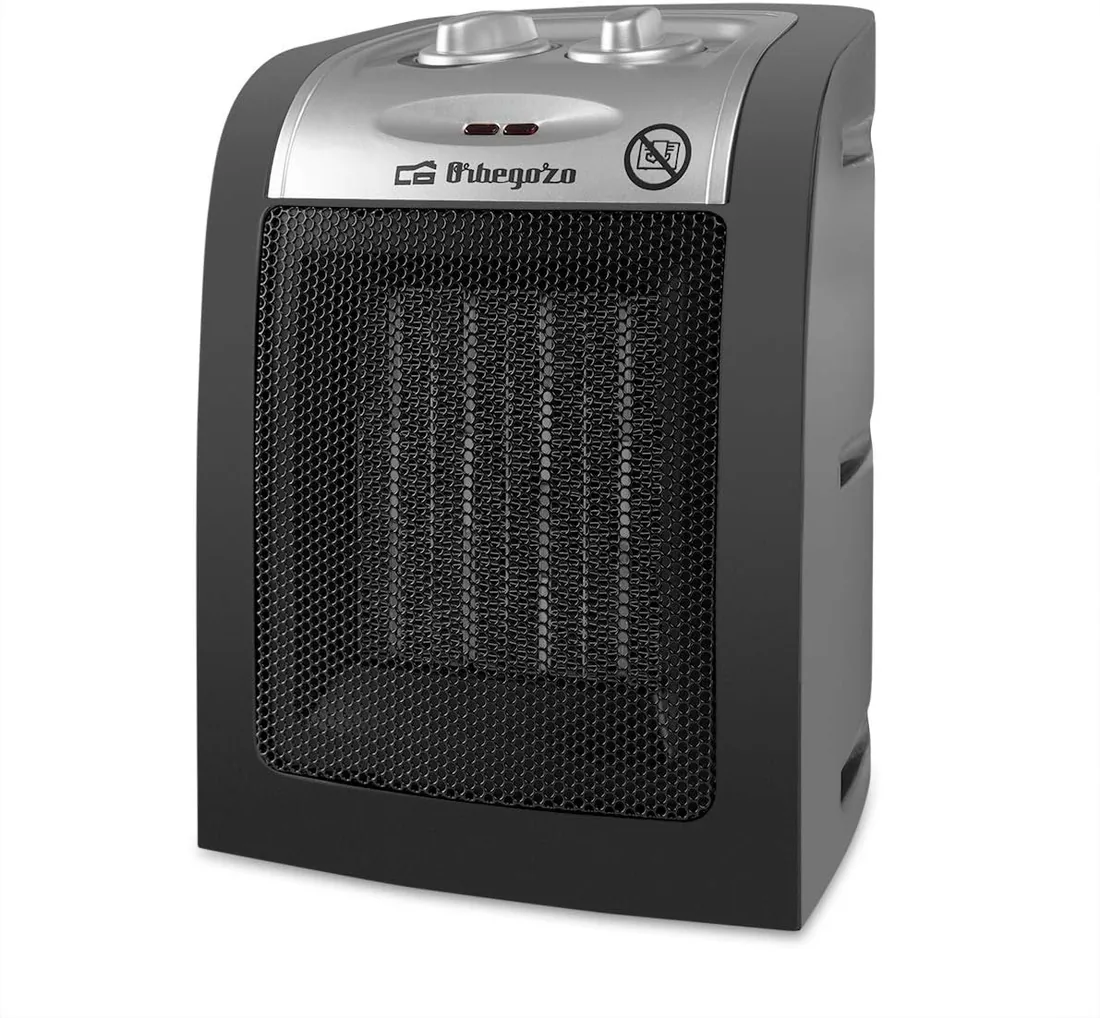 Orbegozo CR 5017, Calefactor, cerámico, 1500 W,2 niveles de potencia, termostato regulable, sistema de protección contra sobrecalentamiento, luz de encendido, posición ventilador, color negro
