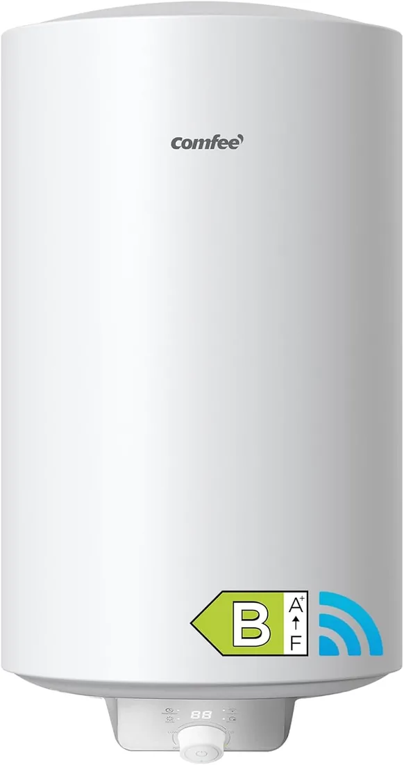 COMFEE' D80-15EFG Calentador de Agua Eléctrico Vertical 80 L, WiFi, Blanco | Control Remoto por APP, Tamaño Compacto, Fácil Instalación, Clase B, 1500W Calentamiento rápido, Montaje sin Retaladrar