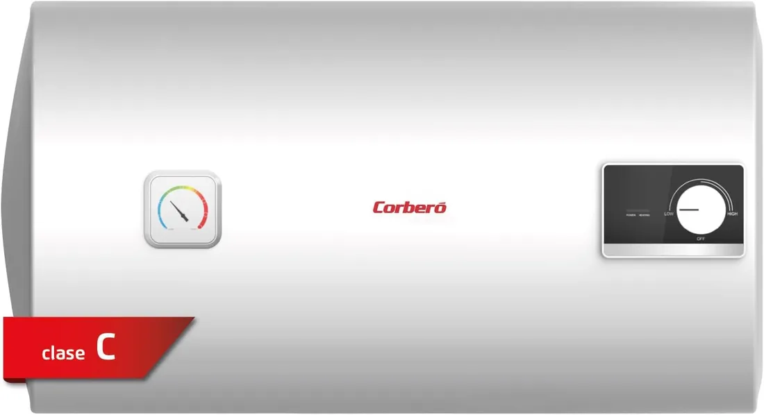 Corberó – Termo Eléctrico Horizontal | CTMA50H | 47L | 1500W | 30-75º | Tanque Acero Esmaltado Zafiro | Resistencia Inox | Termómetro Exterior | Protección Anticorrosión | Panel Control Manual