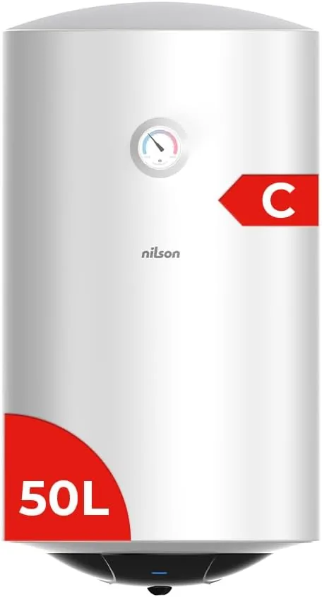 Nilson Termo Eléctrico Vertical 50 L NT5000. Instalación Vertical, 1500W, Incluye Kit de Montaje, Resistencia de Acero Inoxidable, Blanco, Eficiencia Energética Clase C