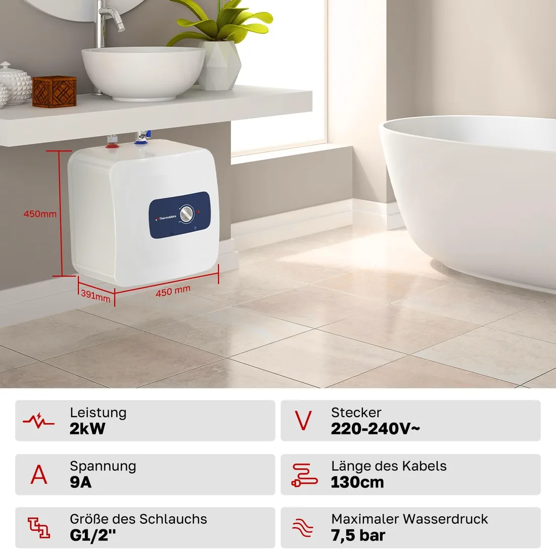 ThermoMate ES30DE Termo eléctrico 30 litros, Bajo el Fregadero | Calentador de Agua Eléctrico bajo fregadero, Bajo Consumo, Diseño compacto, enchufar y usar, 2000W foto 3